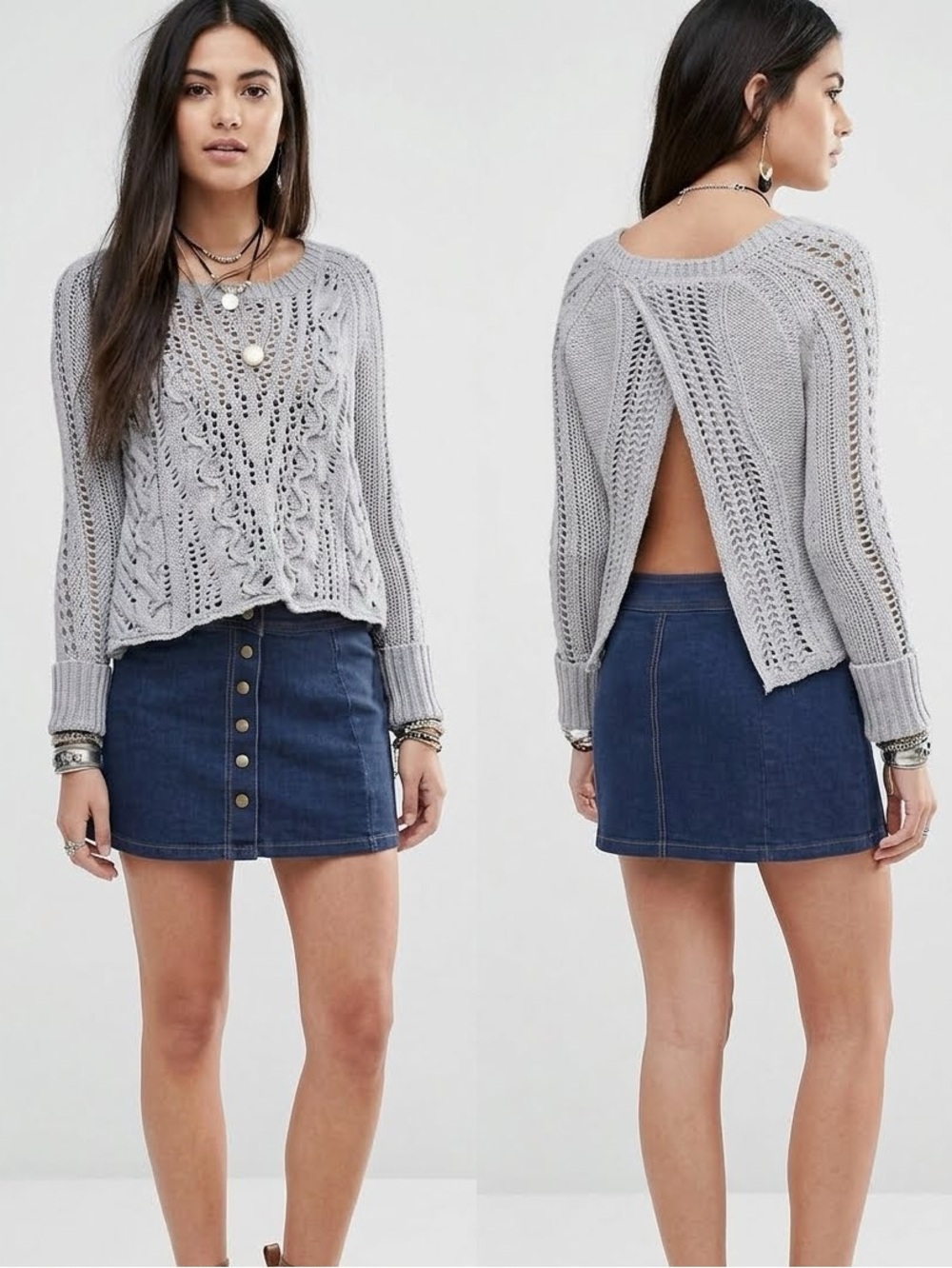 Free People | Cross Cable Knit Open Back Sweater in Light Grey Size Small
